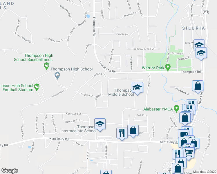 map of restaurants, bars, coffee shops, grocery stores, and more near 1738 Tahiti Lane in Alabaster