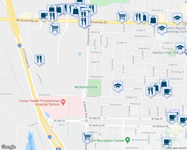 map of restaurants, bars, coffee shops, grocery stores, and more near 803 Stanley Street in Denton