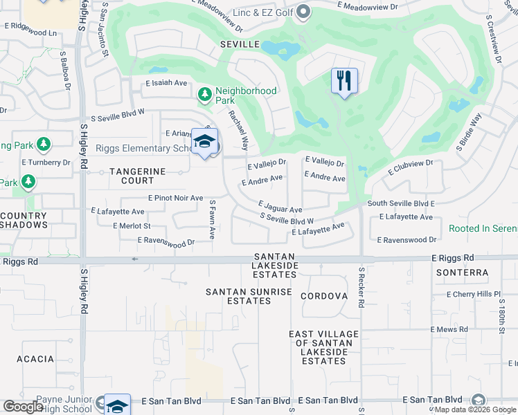 map of restaurants, bars, coffee shops, grocery stores, and more near 3711 Jaguar Avenue in Gilbert