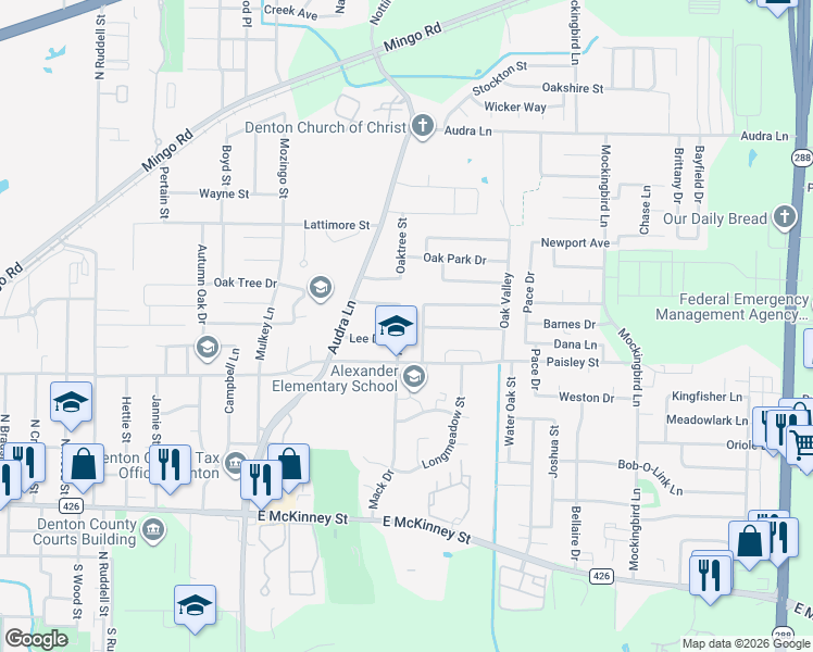 map of restaurants, bars, coffee shops, grocery stores, and more near 1006 Mack Place in Denton