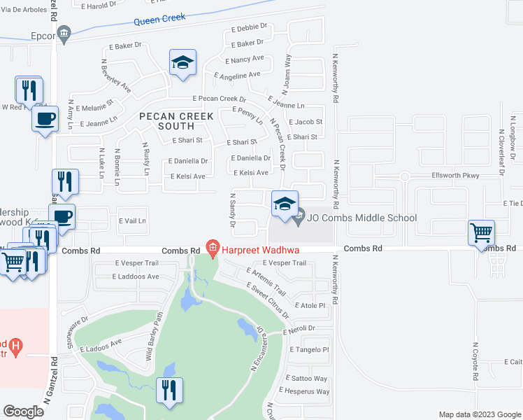 map of restaurants, bars, coffee shops, grocery stores, and more near 1435 East pryor Road in Queen Creek