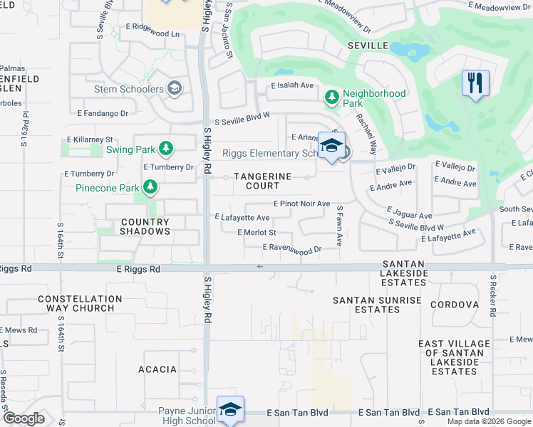 map of restaurants, bars, coffee shops, grocery stores, and more near 3360 Lafayette Avenue in Gilbert