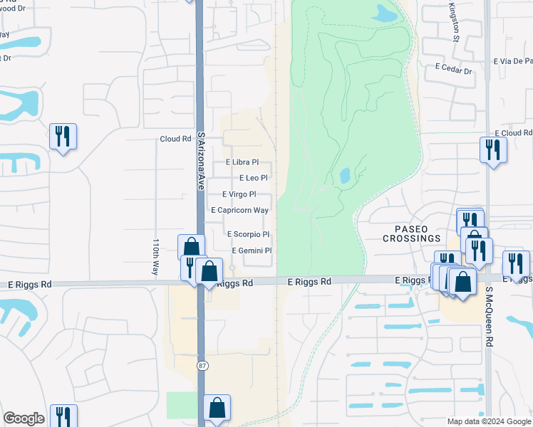 map of restaurants, bars, coffee shops, grocery stores, and more near 5801 South Delaware Street in Chandler
