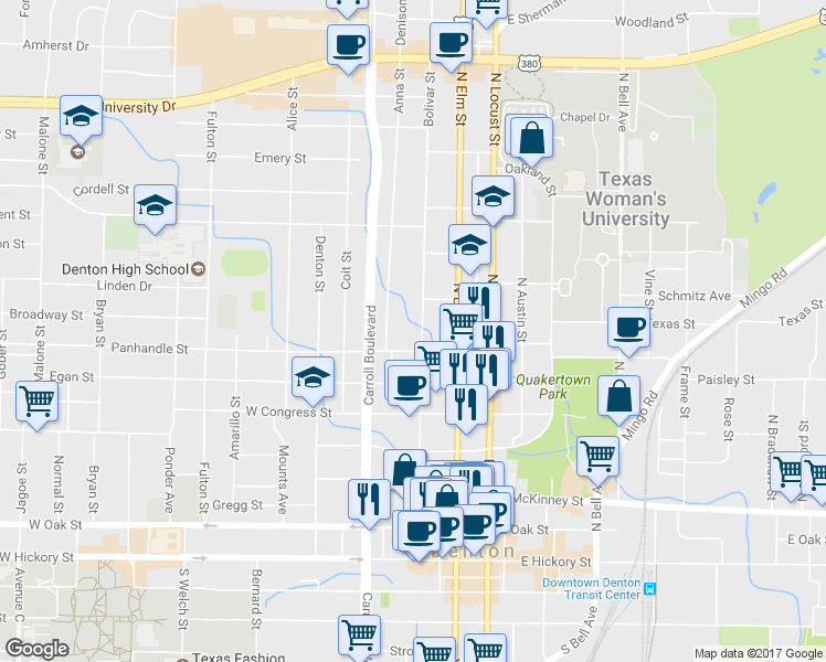 map of restaurants, bars, coffee shops, grocery stores, and more near 817 Bolivar Street in Denton
