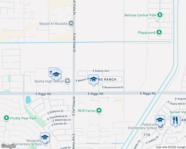 map of restaurants, bars, coffee shops, grocery stores, and more near 1776 East Lafayette Avenue in Gilbert