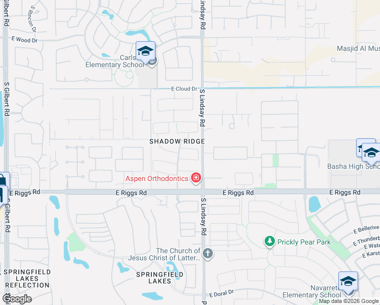 map of restaurants, bars, coffee shops, grocery stores, and more near 3915 East Aquarius Place in Chandler