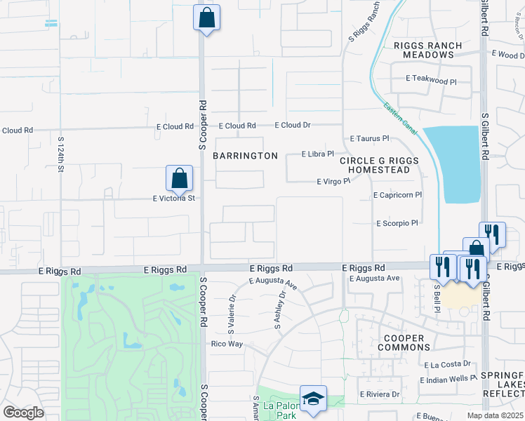map of restaurants, bars, coffee shops, grocery stores, and more near 2191 East Aquarius Place in Chandler