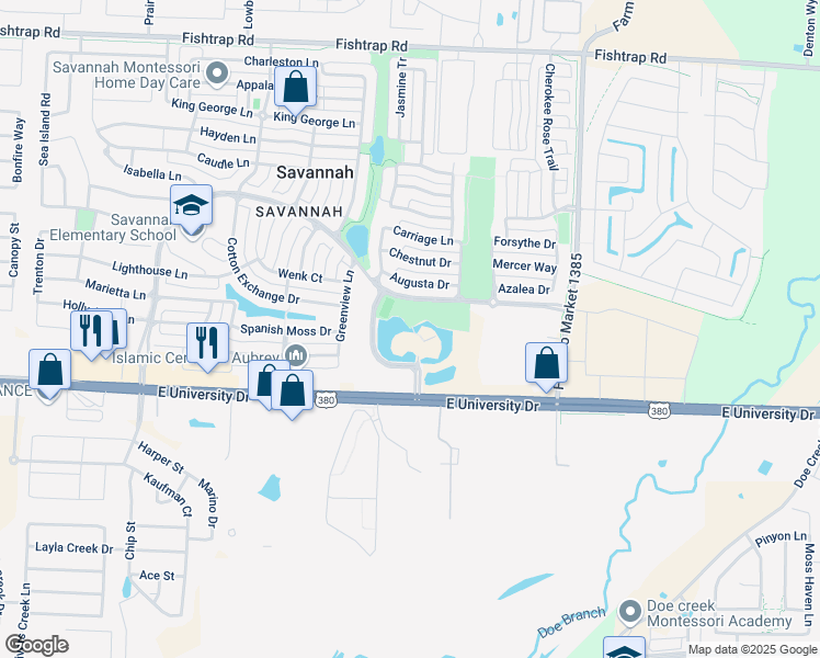 map of restaurants, bars, coffee shops, grocery stores, and more near 701 Savannah Boulevard in Denton County