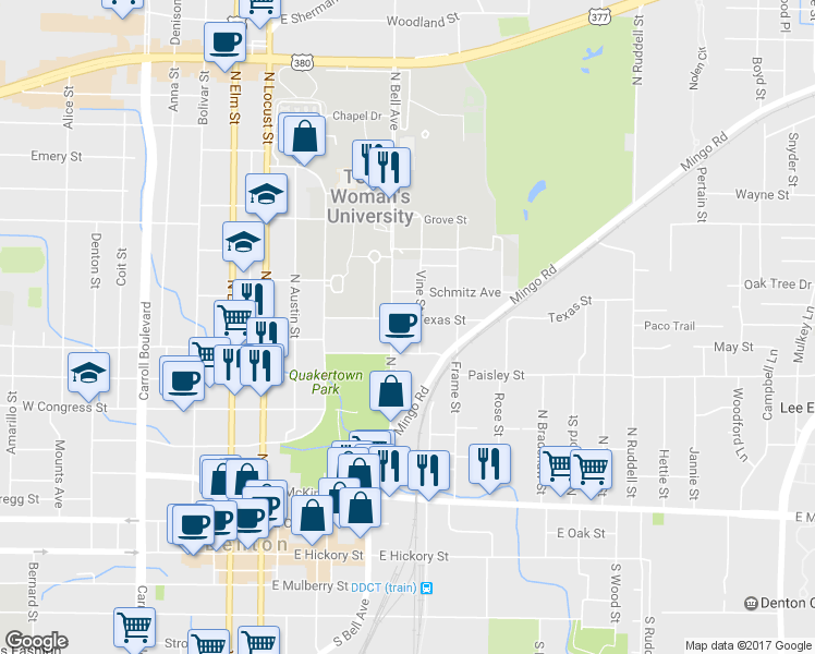 map of restaurants, bars, coffee shops, grocery stores, and more near 520 Texas Street in Denton