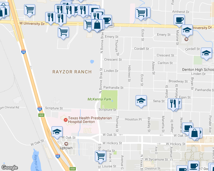 map of restaurants, bars, coffee shops, grocery stores, and more near 802 North Bonnie Brae Street in Denton