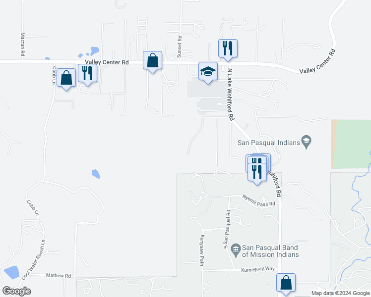 map of restaurants, bars, coffee shops, grocery stores, and more near 31050 Rosebush Lane in Valley Center