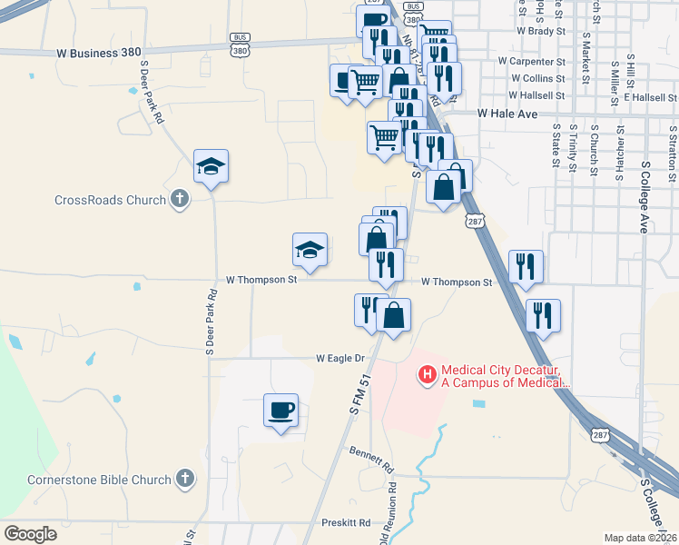 map of restaurants, bars, coffee shops, grocery stores, and more near 900 West Thompson Street in Decatur