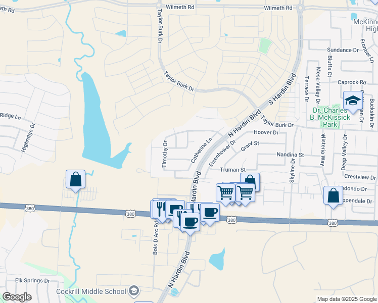 map of restaurants, bars, coffee shops, grocery stores, and more near 3805 Edward Drive in McKinney