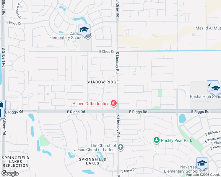 map of restaurants, bars, coffee shops, grocery stores, and more near 3915 East Aquarius Place in Chandler