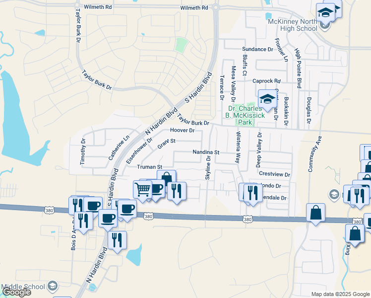 map of restaurants, bars, coffee shops, grocery stores, and more near 3204 Nandina Street in McKinney
