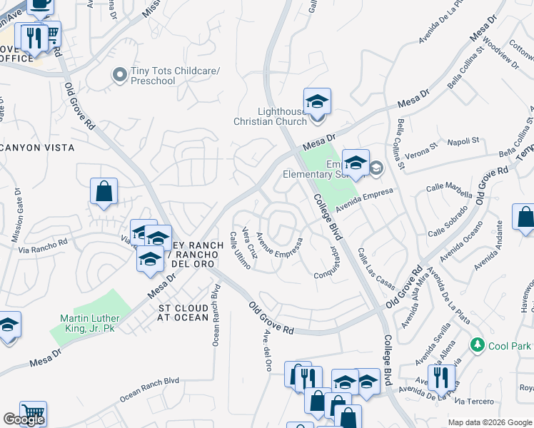 map of restaurants, bars, coffee shops, grocery stores, and more near 1388 Enchante Way in Oceanside