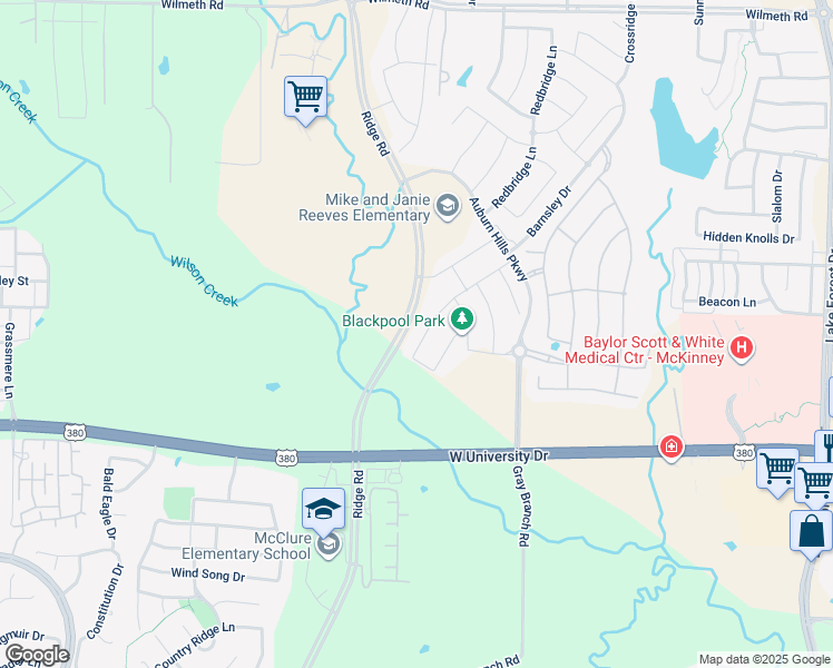 map of restaurants, bars, coffee shops, grocery stores, and more near 2020 Millwall Drive in McKinney