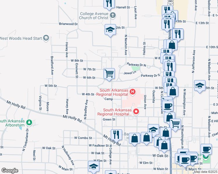 map of restaurants, bars, coffee shops, grocery stores, and more near 1000 North College Avenue in El Dorado