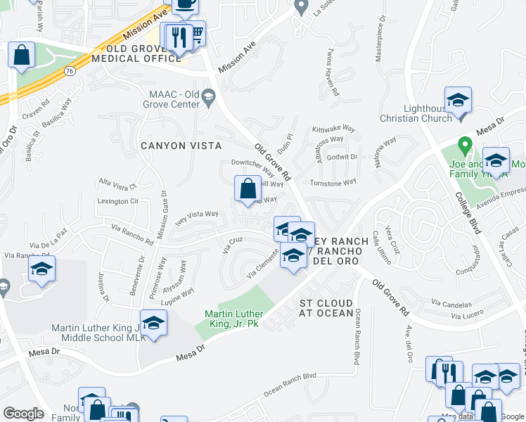 map of restaurants, bars, coffee shops, grocery stores, and more near 225 Belflora Way in Oceanside