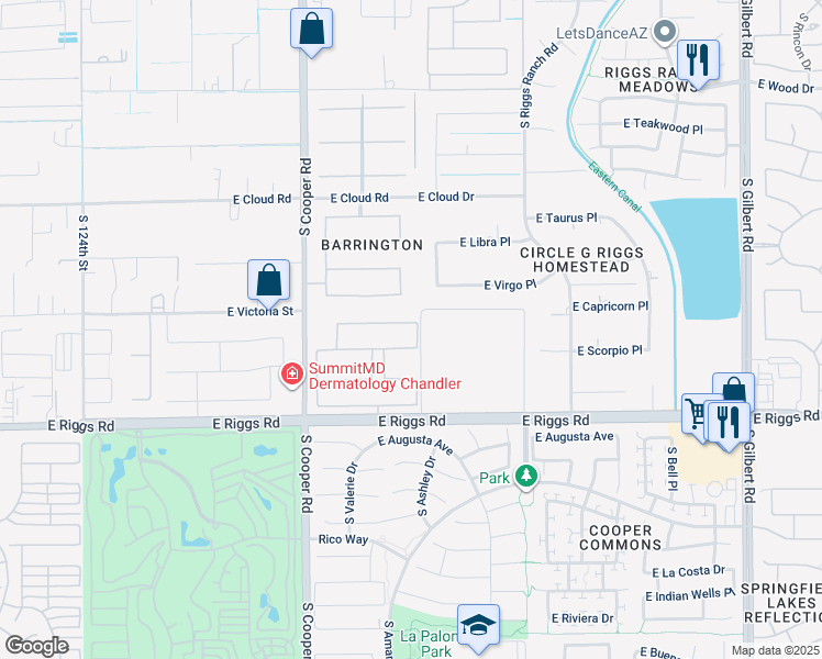 map of restaurants, bars, coffee shops, grocery stores, and more near 2191 East Aquarius Place in Chandler