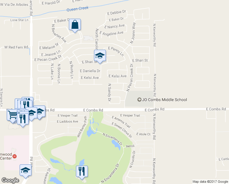 map of restaurants, bars, coffee shops, grocery stores, and more near 1329 East pryor Road in Queen Creek