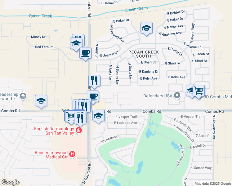 map of restaurants, bars, coffee shops, grocery stores, and more near 37756 North Poplar Road in Queen Creek