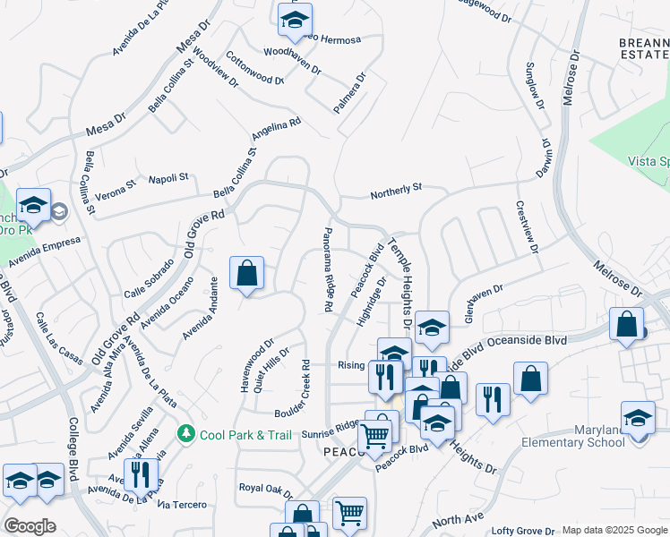map of restaurants, bars, coffee shops, grocery stores, and more near 1406 Panorama Ridge Road in Oceanside
