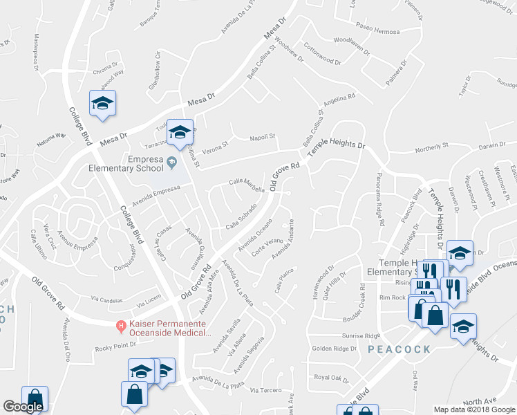 map of restaurants, bars, coffee shops, grocery stores, and more near 4953 Calle Sobrado in Oceanside