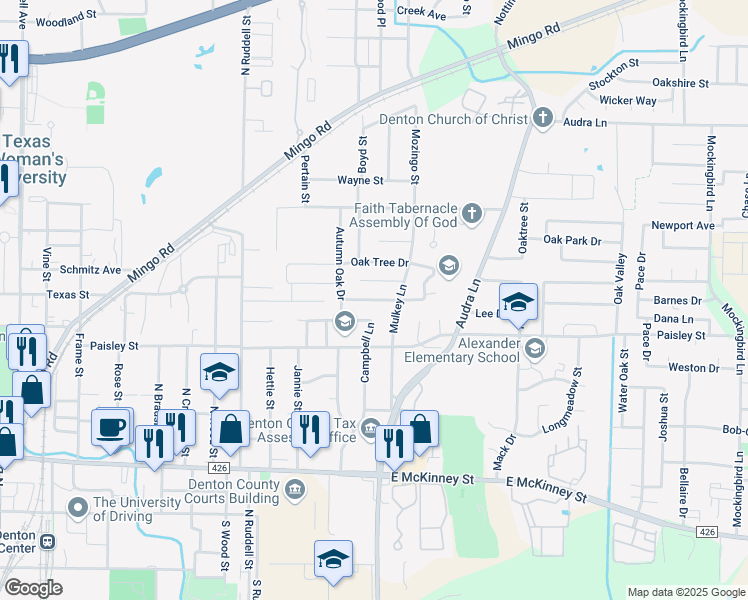 map of restaurants, bars, coffee shops, grocery stores, and more near Meadow Oak Drive in Denton