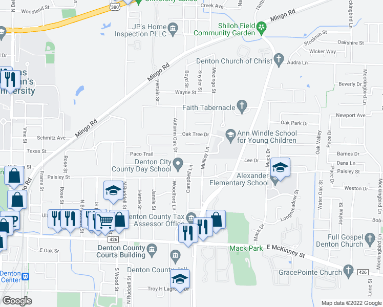 map of restaurants, bars, coffee shops, grocery stores, and more near Meadow Oak Drive in Denton