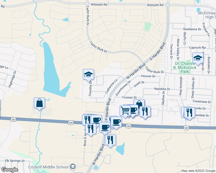 map of restaurants, bars, coffee shops, grocery stores, and more near 2209 Catherine Lane in McKinney