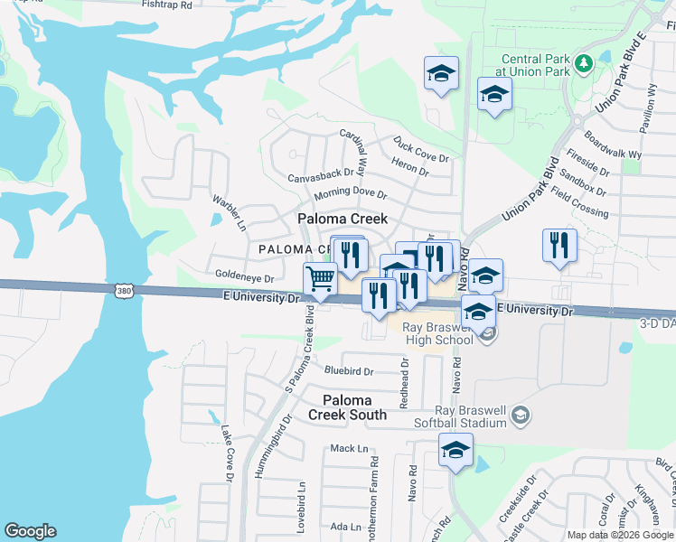 map of restaurants, bars, coffee shops, grocery stores, and more near 625 Partridge Drive in Aubrey