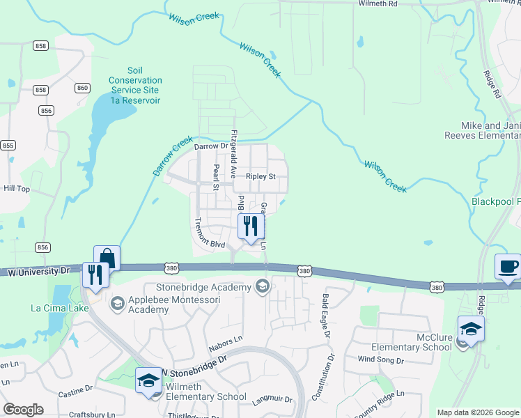 map of restaurants, bars, coffee shops, grocery stores, and more near 7204 Percy Drive in McKinney