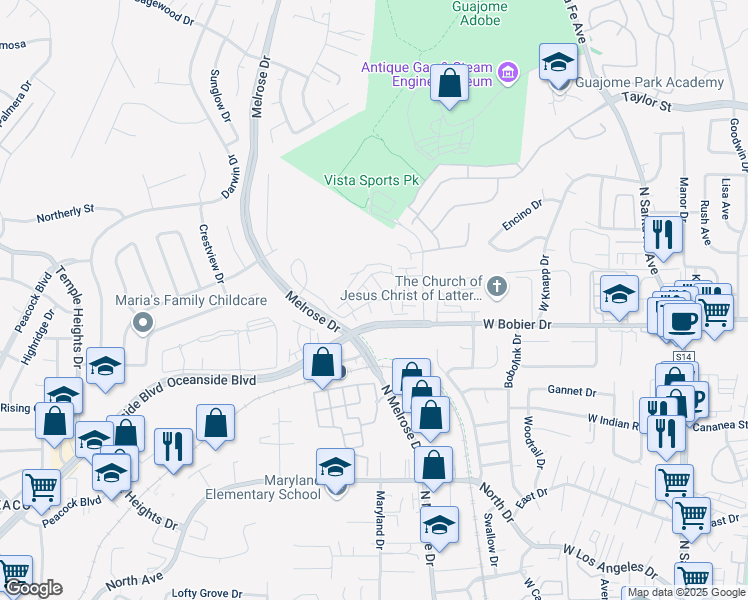 map of restaurants, bars, coffee shops, grocery stores, and more near 553 W Bobier Dr in Vista