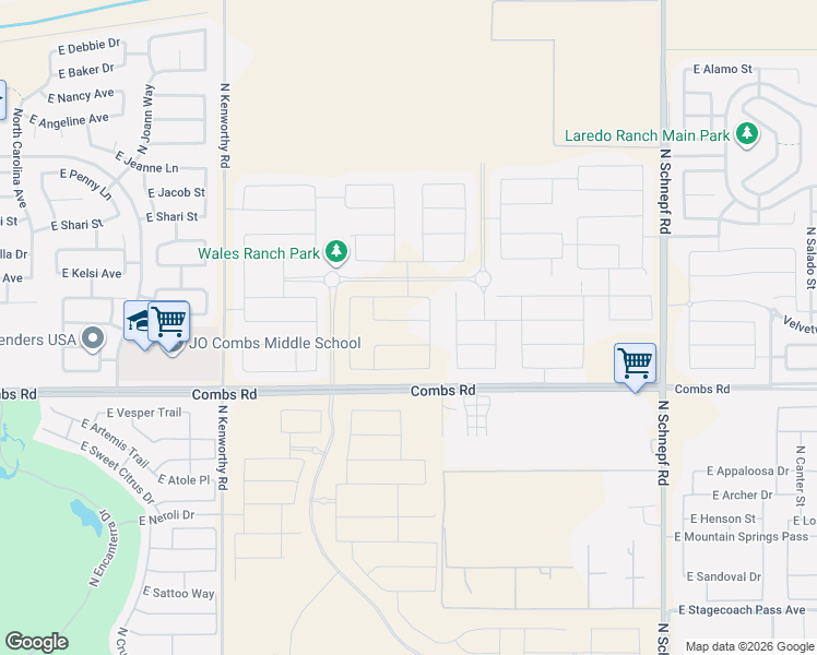map of restaurants, bars, coffee shops, grocery stores, and more near 2478-2554 East Combs Road in San Tan Valley