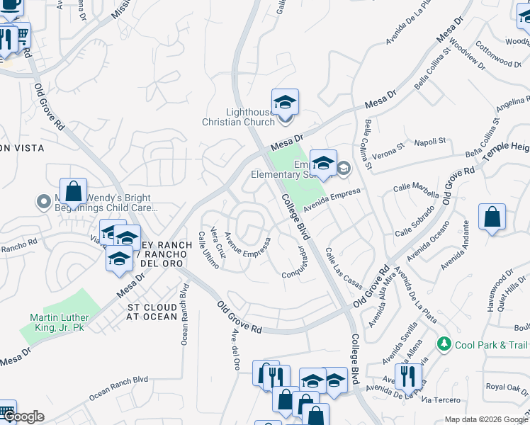 map of restaurants, bars, coffee shops, grocery stores, and more near 1328 Enchante Way in Oceanside