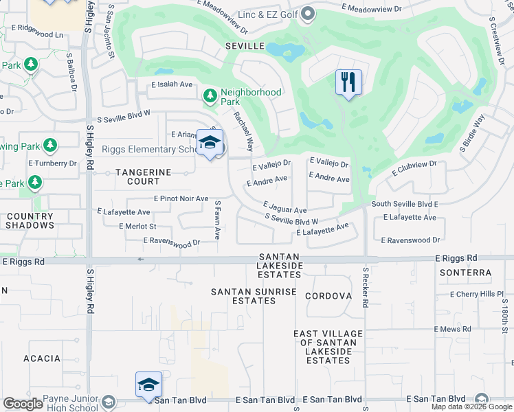 map of restaurants, bars, coffee shops, grocery stores, and more near 3711 Jaguar Avenue in Gilbert