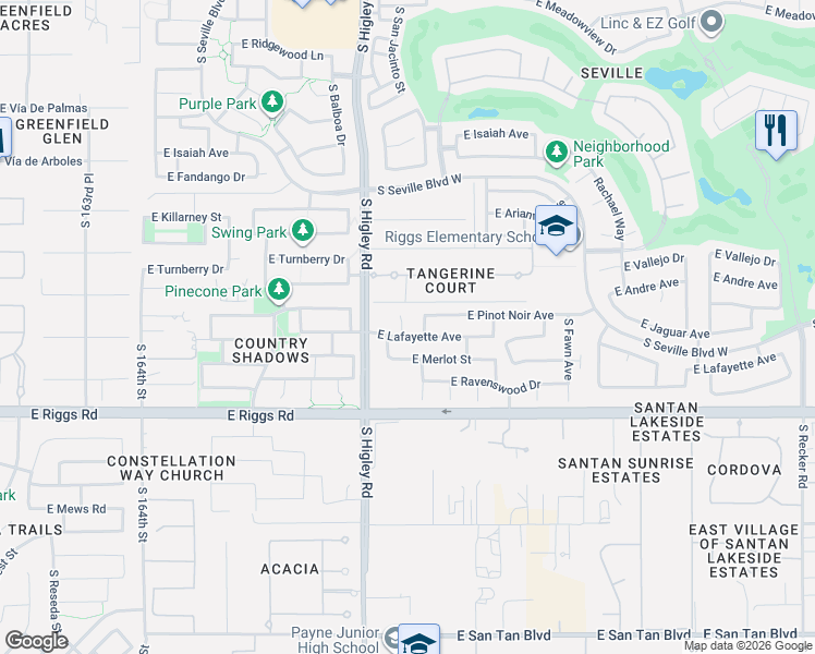 map of restaurants, bars, coffee shops, grocery stores, and more near 7052 South Bridal Vail Drive in Gilbert