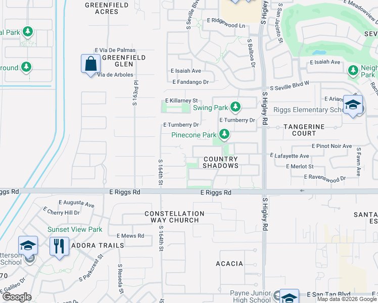 map of restaurants, bars, coffee shops, grocery stores, and more near 2896 East Country Shadows Court in Gilbert