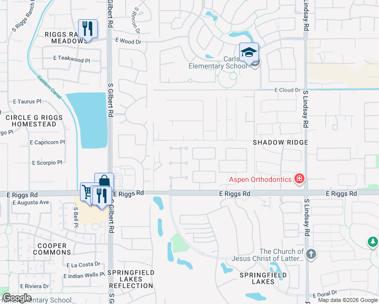 map of restaurants, bars, coffee shops, grocery stores, and more near 3415 East Aquarius Court in Chandler