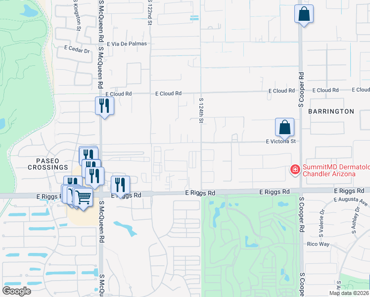 map of restaurants, bars, coffee shops, grocery stores, and more near 24812 South 124th Street in Chandler