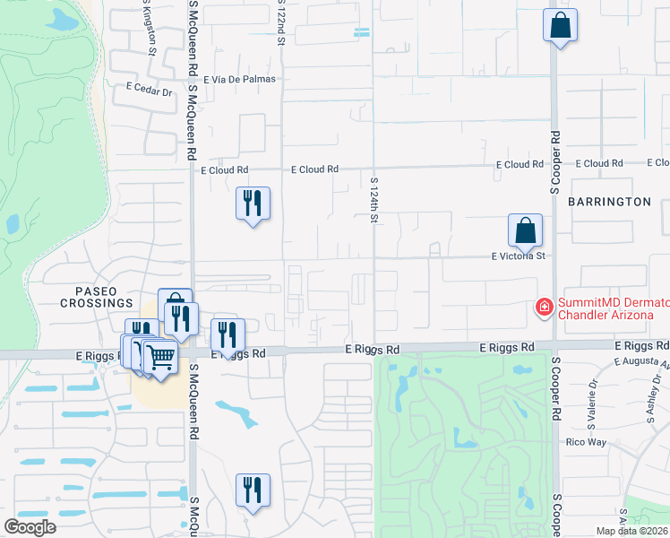 map of restaurants, bars, coffee shops, grocery stores, and more near 12255 East Riggs Road in Chandler