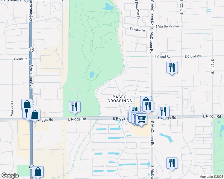 map of restaurants, bars, coffee shops, grocery stores, and more near 771 East Capricorn Way in Chandler