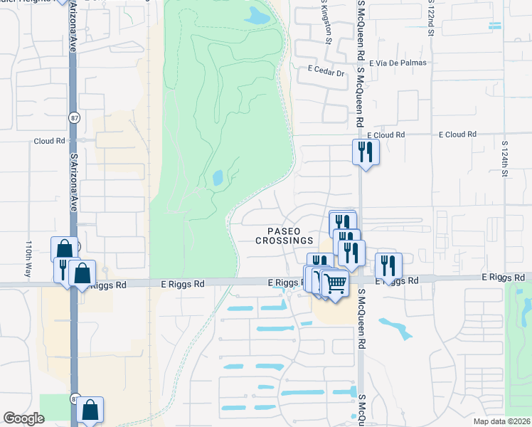 map of restaurants, bars, coffee shops, grocery stores, and more near 771 East Capricorn Way in Chandler