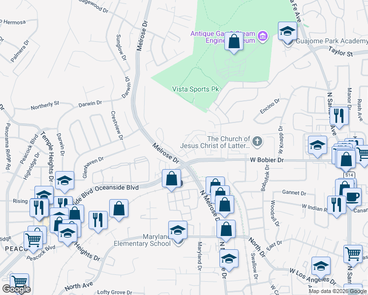 map of restaurants, bars, coffee shops, grocery stores, and more near 1580-1584 Melrose Drive in Oceanside
