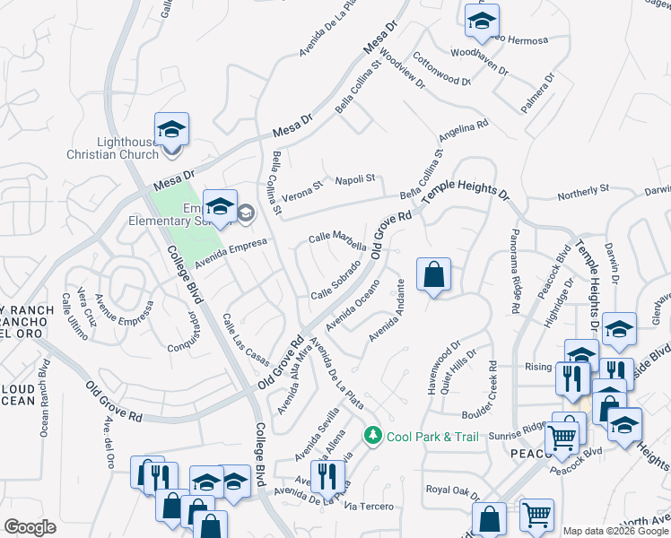 map of restaurants, bars, coffee shops, grocery stores, and more near 1406 Via Marguerita in Oceanside