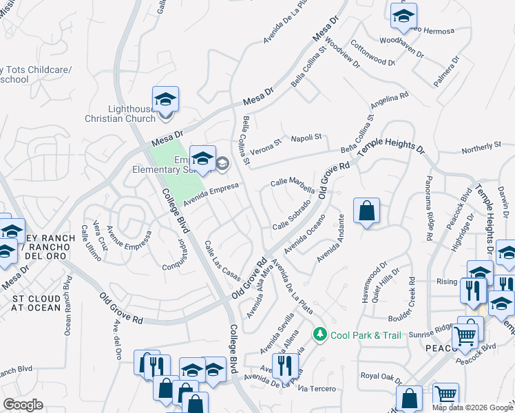 map of restaurants, bars, coffee shops, grocery stores, and more near 1430 Calle Marbella in Oceanside