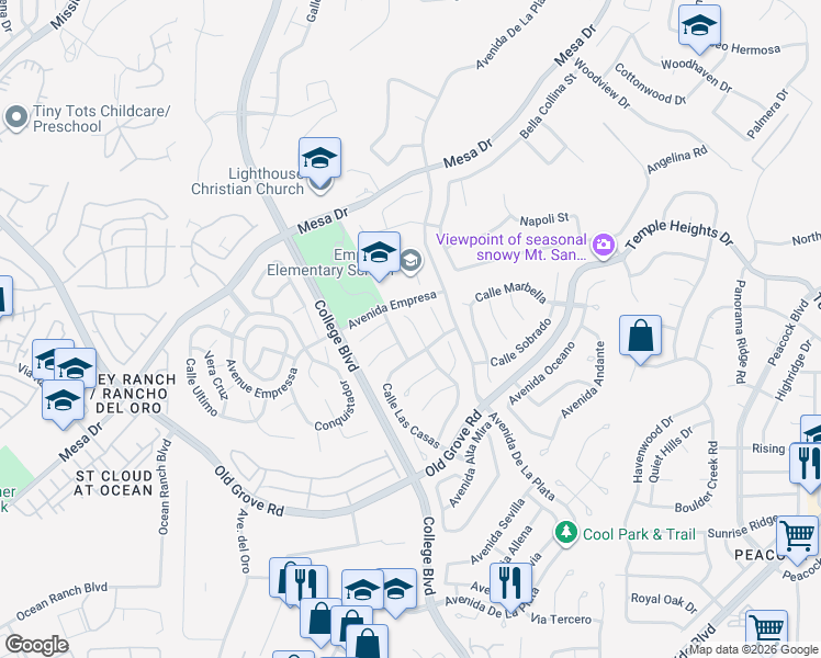 map of restaurants, bars, coffee shops, grocery stores, and more near 1570 Avenida Mantilla in Oceanside