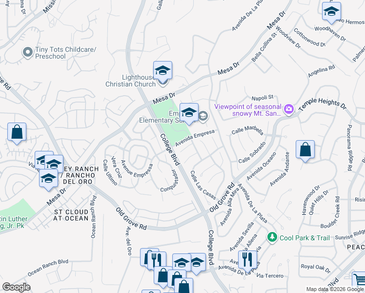 map of restaurants, bars, coffee shops, grocery stores, and more near 4734 Via Colorado in Oceanside