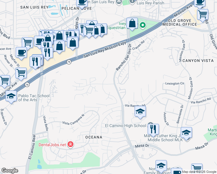 map of restaurants, bars, coffee shops, grocery stores, and more near 3935 San Ramon Drive in Oceanside